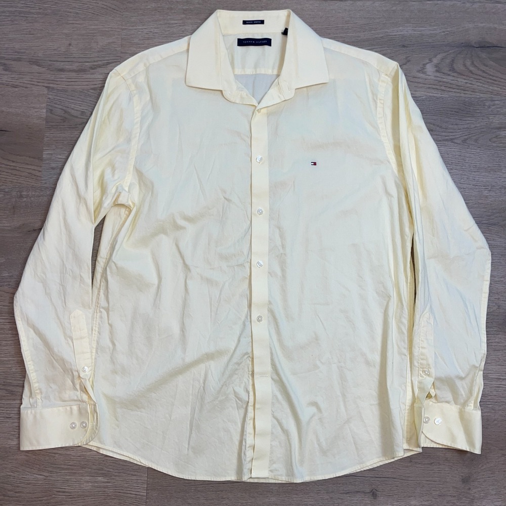 Tommy Hilfiger Mens Dress Shirt XL 17 34/35 Yellow Slim Fit Stretch Long Sleeve